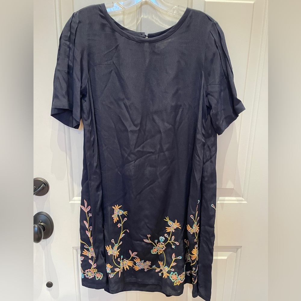 LOFT Navy Dress with Colorful Floral Embroidery